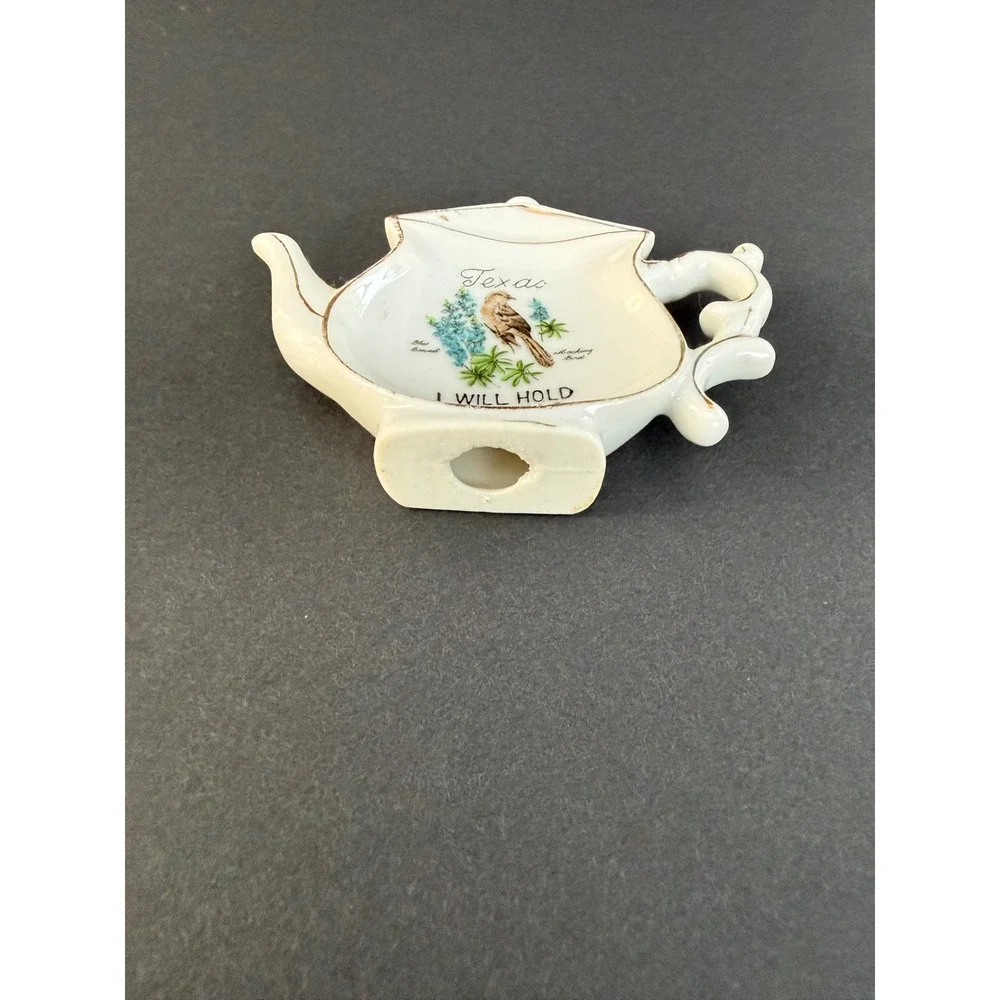 Vintage Texas Tea Bag Holder Mockingbird Bluebonnet Ceramic Gold Trim